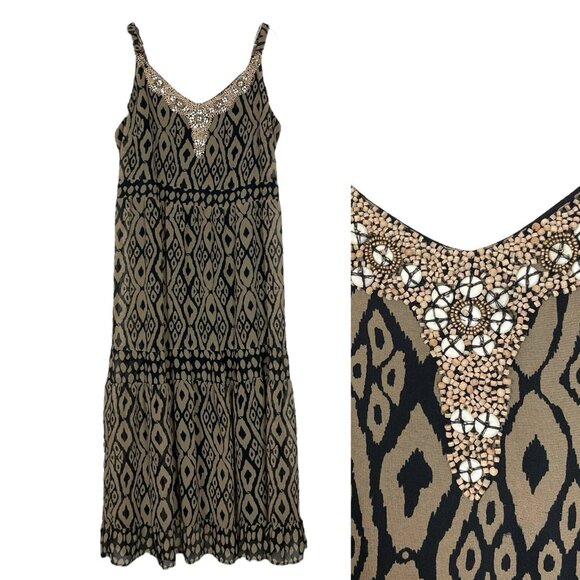 Midnight Velvet Aztec Southwest Beaded Boho Midi/Maxi Dress Brown Black Size 1X - Picture 1 of 10